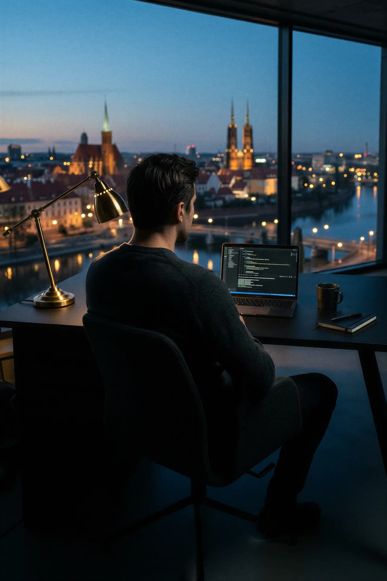 Marcin Zawadzki at his Wrocław workspace at blue hour
